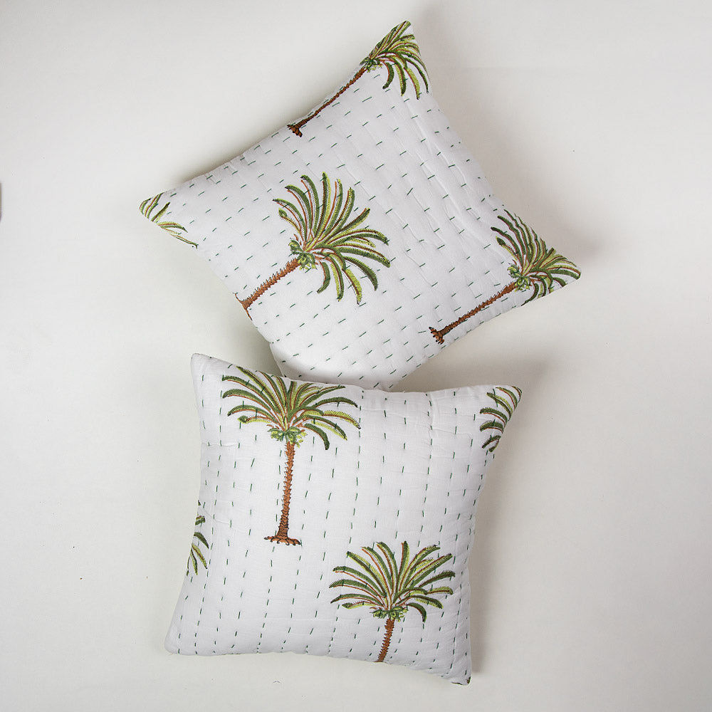 Premium Green Date Palm Tree Printed Cotton Kantha Cushion Cover